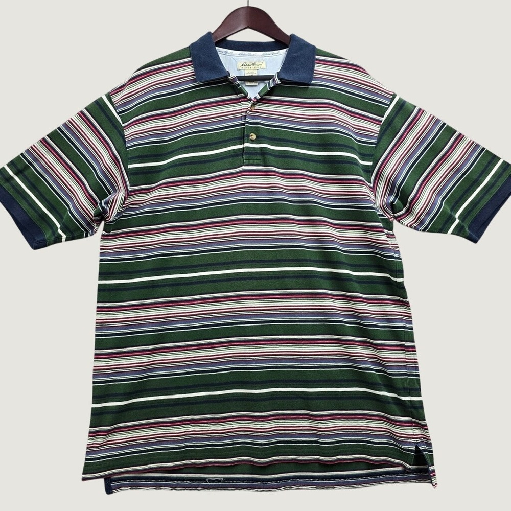 Eddie Bauer Striped Polo Shirt Mens Largeโ Green Short Sleeve Preppy Gorpcore